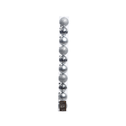 Set mit silbernen Christbaumkugeln in verschiedenen Designs, Durchmesser 6 cm.