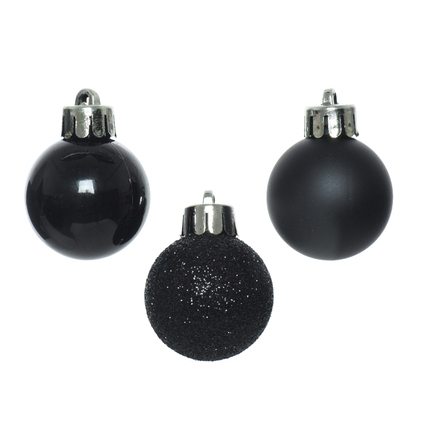 Drei schwarz glänzende Christbaumkugeln mit unterschiedlichen Oberflächenstrukturen.