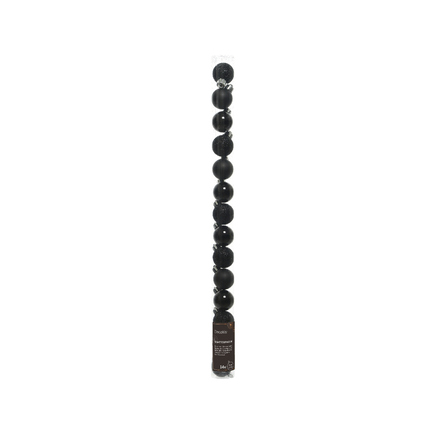 Schwarze Christbaumkugeln im Mix, Durchmesser 3 cm, auf einer Verpackungsbanderole.