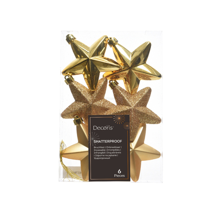 Goldene Christbaumsterne aus verschiedenen Materialien in einer transparenten Verpackung.