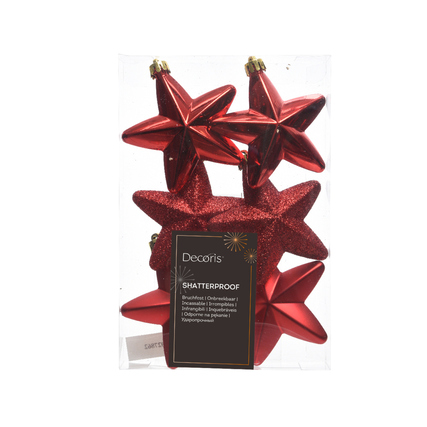 Roter Christbaumschmuck in Sternform aus Kunststoff, in einer transparenten Verpackung.