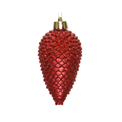 Roter, glitzernder Christbaumschmuck in Form eines Zapfens mit goldenem Aufhänger.