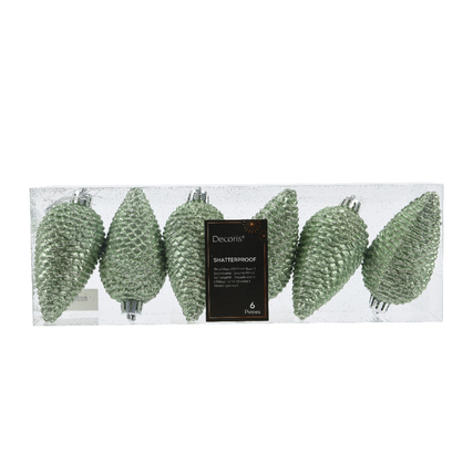 Sechs glitzernde, grüne Christbaumzapfen in einer transparenten Verpackung.