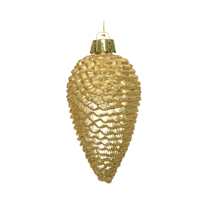 Glitzernder goldener Christbaumschmuck in Zapfenform, 4,5 x 8 cm.