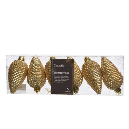 Sechs goldene, glitzernde Zapfen aus Kunststoff in einer transparenten Verpackung.