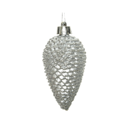 Silberner glitzernder Christbaumschmuck in Form eines Zapfens mit spiralförmigen Mustern.