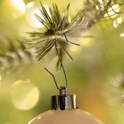 Silberner Christbaumschmuckaufhänger an einer Tannenzweigspritze.