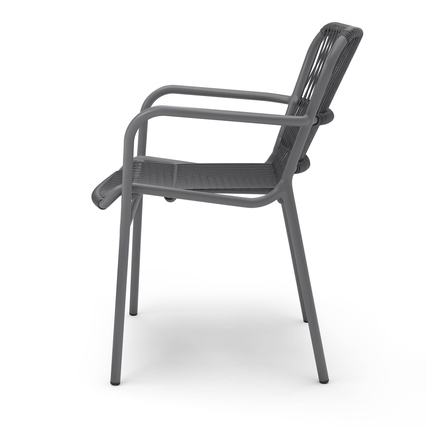 Anthrazitfarbener Gartenstuhl aus Aluminium und Seilgeflecht in Seitenansicht.
