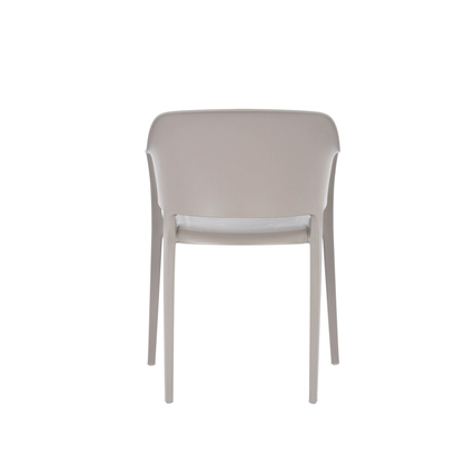 Heller grauer Gartenstuhl mit schlichten Linien und leichtem Design, Rückansicht.