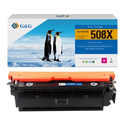 Magenta Tonerkartusche G&G 508X mit Verpackung und Pinguinen im Hintergrund.