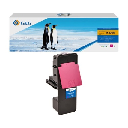 G&G kompatibler Toner in Magenta mit Verpackung und Pinguin-Motiv im Hintergrund.