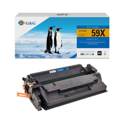 Schwarzer Toner der Modellnummer 59X in einer Verpackung mit Pinguinen im Hintergrund.