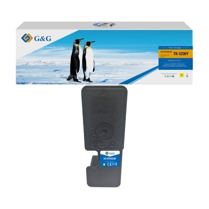 Gelber Toner in schwarzer Kartusche mit Verpackung im Hintergrund, kompatibel mit KYOCERA TK5230Y.