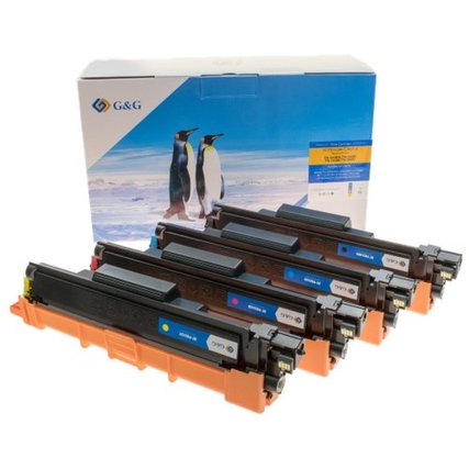 Tonerpatronen in Schwarz, Cyan, Magenta und Gelb neben der Verpackung mit Pinguinmotiv.