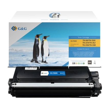 Schwarzer kompatibler Toner von G&G für Brother TN-2320 neben Verpackung mit Pinguin-Motiv.