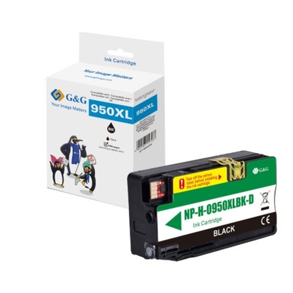 Schwarze G&G Tintenpatrone 950XL mit Verpackung im Hintergrund abgebildet.