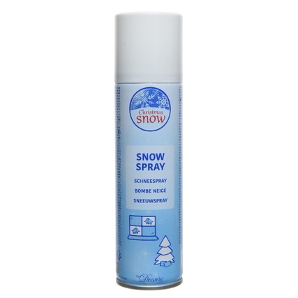 Sprühdose mit Schneespray, blaue Verpackung, weißer Deckel und Weihnachtsmotiv.