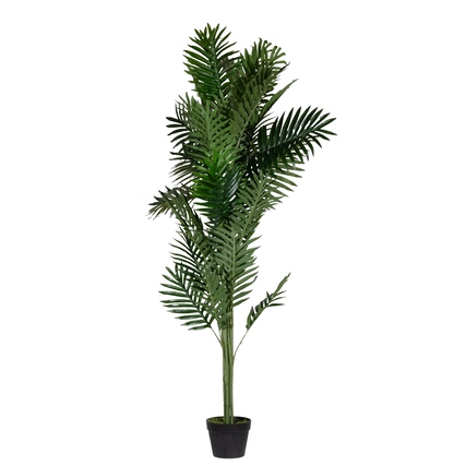 Künstliche Palme in einem schwarzen Topf, 160 cm hoch, mit üppigem grünem Blattwerk.