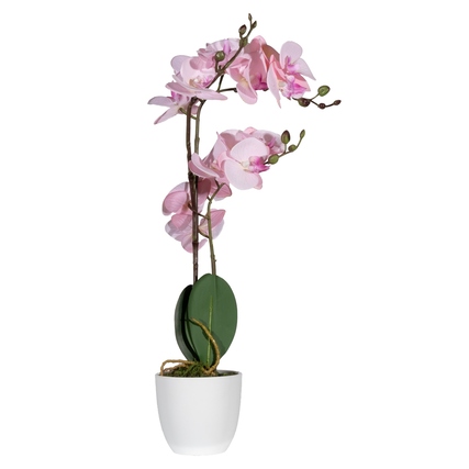 Kunstblume einer Orchidee in einem weißen Topf, 40 cm hoch, mit rosa Blüten und grünen Blättern.