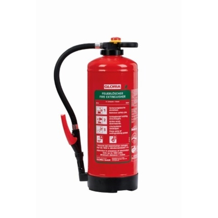 Roter Handfeuerlöscher mit Schaumdüse und Bedienungsanleitung auf der Vorderseite.