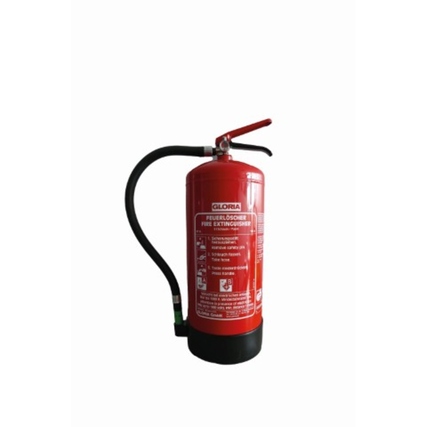 Roter Handfeuerlöscher mit Spezial-Schaumdüse und Bedienhebel in frontalem Ansichtsbild.