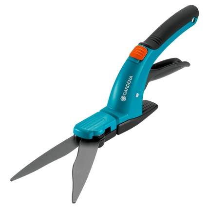 Grasschere mit ergonomischem Griff und Wellenschliffklingen in blau-schwarzer Farbe.