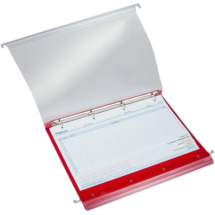 Hängemappe mit transparentem Vordertaschenblatt und vier Ringen in rot geöffnet.