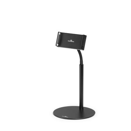 Schwarze Tischständer-Halterung für Tablet und Handy mit flexiblem Arm und stabilem Fuß.