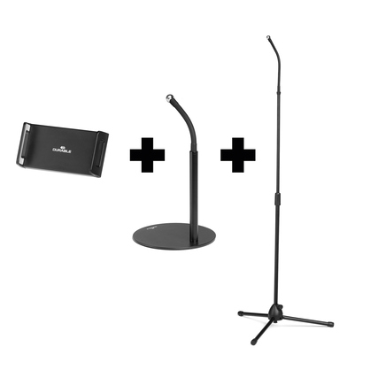 Tisch- und Bodenständer mit Tablet- und Handyhalter sowie flexiblem Arm und Kugelgelenk.