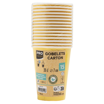 Gelbe Trinkbecher aus Karton, 15 Stück pro Packung, geeignet für Heiß- und Kaltgetränke.