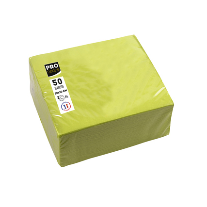 Packung mit 50 kiwigrünen Servietten, 20 x 20 cm, in transparenter Folie verpackt.