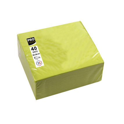 Kiwigrüne Servietten im Stapel, verpackt in einer durchsichtigen Folie, 38 x 38 cm.