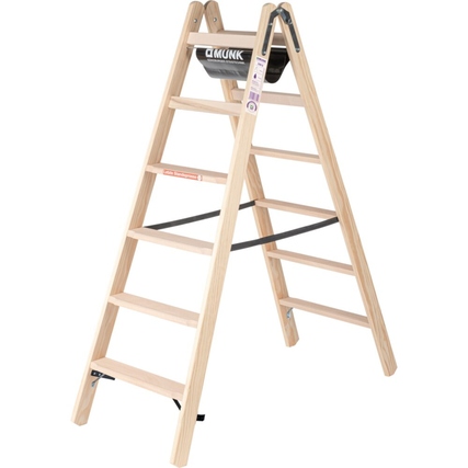 Holzstehleiter mit Eimerhaken und geriffelten Stufen, max. Arbeitshöhe 3,1 m.