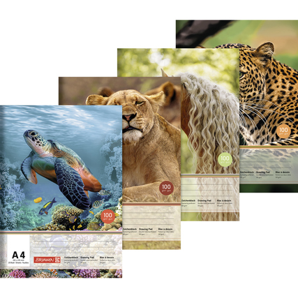 Zeichenblock im DIN A4-Format mit Tiermotiven auf den Umschlägen.