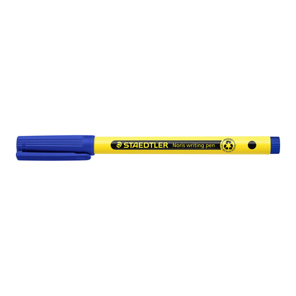 Blauer Fineliner mit gelbem Körper und schwarzem Schriftzug, ohne Kappe.