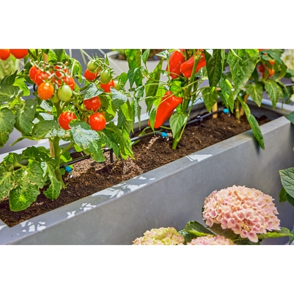 Tropfbewässerungssystem von GARDENA auf einer Terrasse mit Gemüse- und Blühpflanzen.