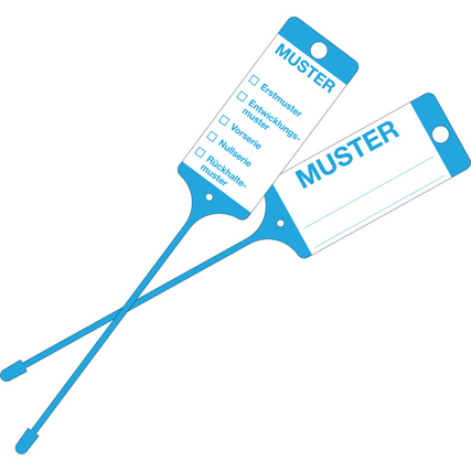 Zwei blaue Stückwarenanhänger mit Platz für Informationen und einer Checkliste.