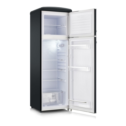 Retro Kühl-Gefrierkombination in schwarzem Matt mit offenem Türdesign und LED-Beleuchtung.