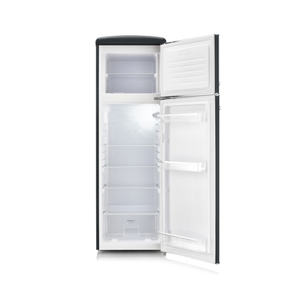 Retro Kühl-Gefrierkombination in schwarz matt mit offenem Doppeltür-Design und weißen Fächern.