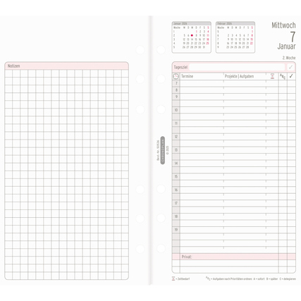 Kalendereinlage für Mittwoch, den 7. Januar 2026, mit Notiz- und Aufgabenfeldern.