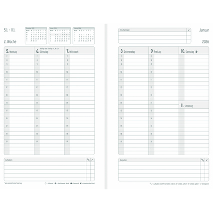 Zweiseitige Ansicht eines Buchkalenders mit Wochenübersicht für Januar 2026 im DIN A5 Format.