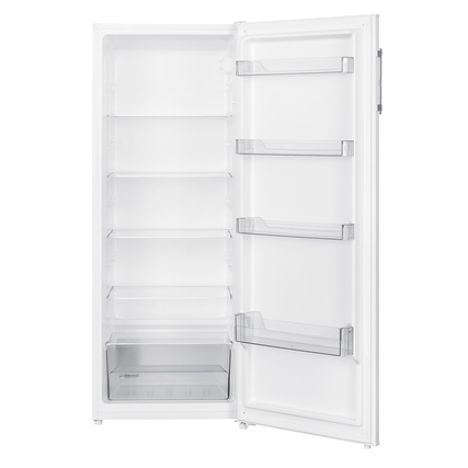 Weißer Kühlschrank mit offenem Tür, mehreren Ablageflächen und Gemüsefach.