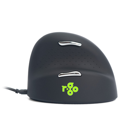 Ergonomische vertikale PC Maus mit runder Form und zwei Tasten in Schwarz und Grün.