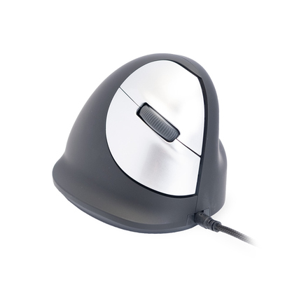 Ergonomische vertikale PC-Maus in runder Form mit seitlichem Scrollrad und Kabel.