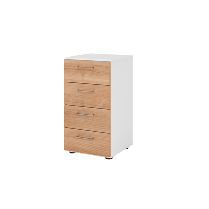 Höhenverstellbarer Schubladenschrank in Nussbaum und Weiß mit vier Schubladen.
