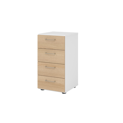 Schubladenschrank mit vier Schubladen in Eiche und Weiß, höhenverstellbar.