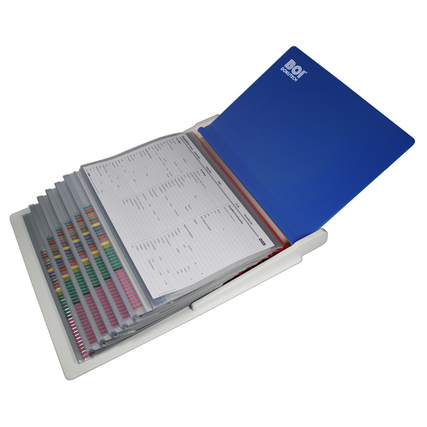 Blaue Planette aus Kunststoff mit eingelegten farbigen Trennblättern und Lochschlitzstanzung.
