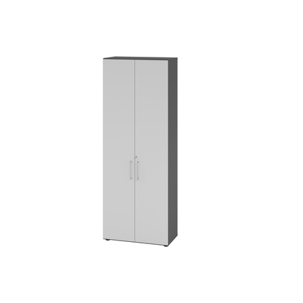 Flügeltürenschrank in graphitgrau mit zwei Türen und höhenverstellbaren Füßen.