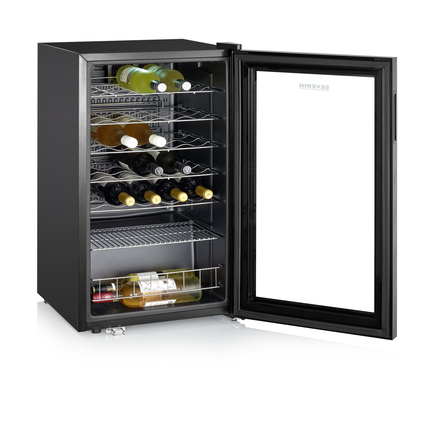 Weinkühlschrank mit gläserner Tür, 6 verchromten Einlegerosten und Platz für 33 Flaschen.