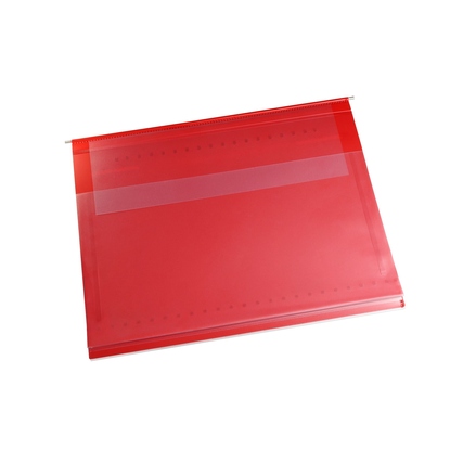 Rote Planettentasche mit Klarsichttasche auf dem Vorderdeckel und Lang-Außenheftung.